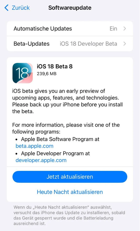 潢川苹果手机维修分享苹果 iOS / iPadOS 18 开发者预览版 Beta 8 发布 